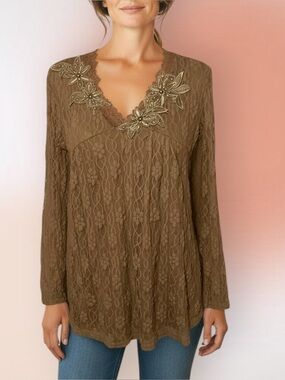Desert Casual Taupe Silk Blend Lace Blouse with Beaded Appliqués V Neck NWT
